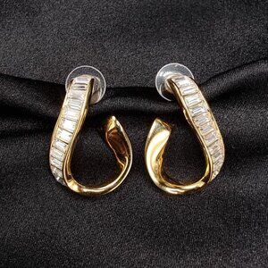 Vintage Swarovski 1990's Crystal Twisted Teardrop Gold Tone Elegant Hoop Earring